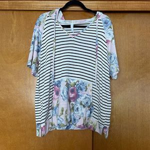 Striped Floral Mixed Print Hooded Tee Size Medium